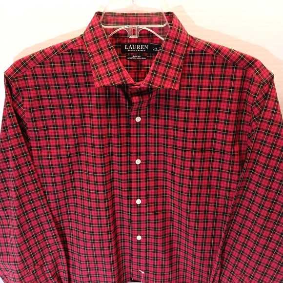 Lauren Ralph Lauren Red Plaid Slim Fit Non Iron Button Down Shirt Men 17 34/35 - Picture 4 of 10